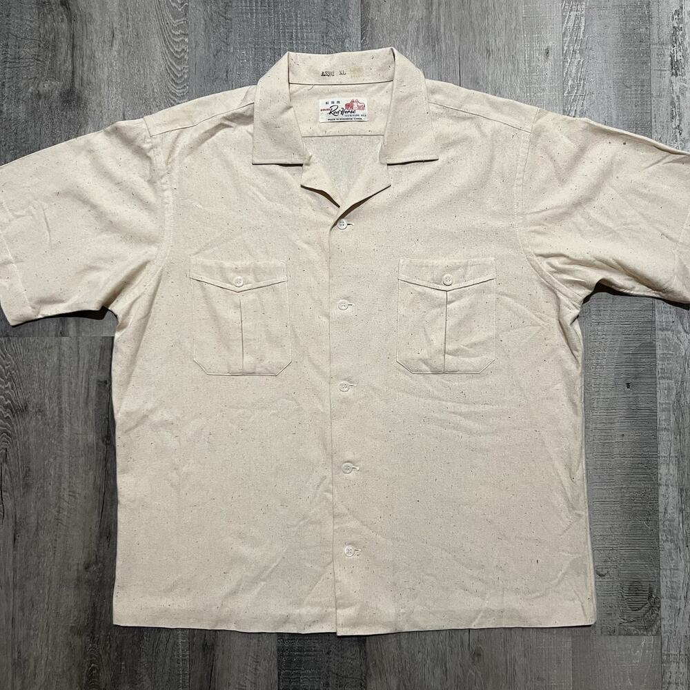 VTG Double Red Horse Pure Silk Flecked Beige Rockabilly Button Shirt Men's Sz XL